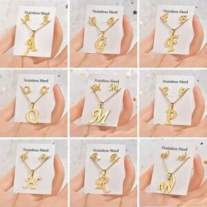 Gold Plated Initial Necklace & Earrings Set - Stainless Steel Script Letter